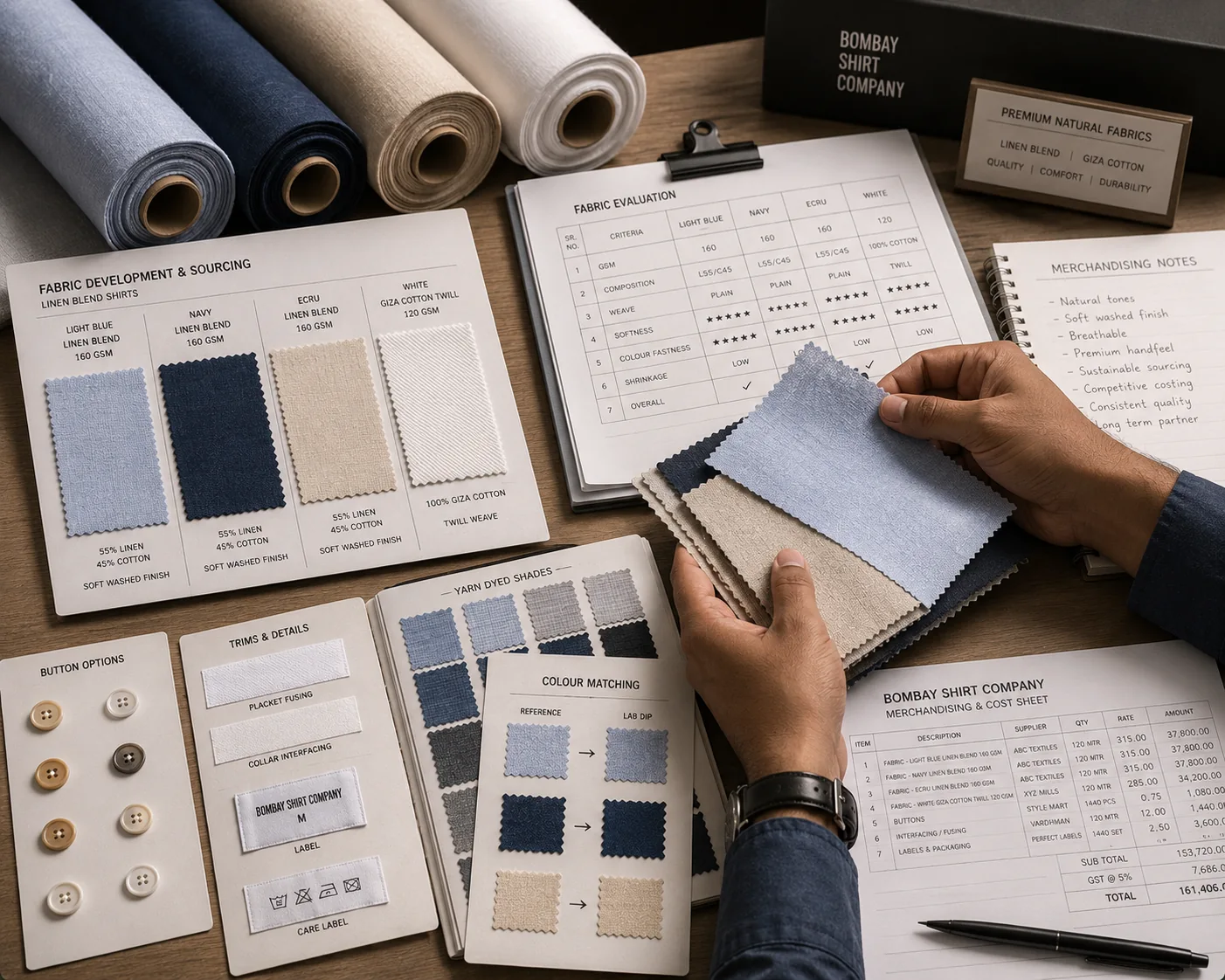 Representative fabric sourcing and merchandising workspace
