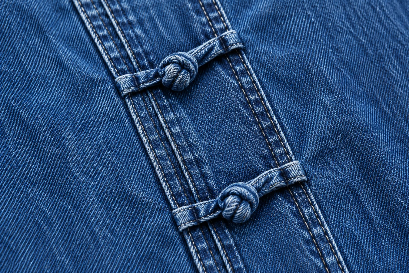 Close view of garment fastening and denim construction