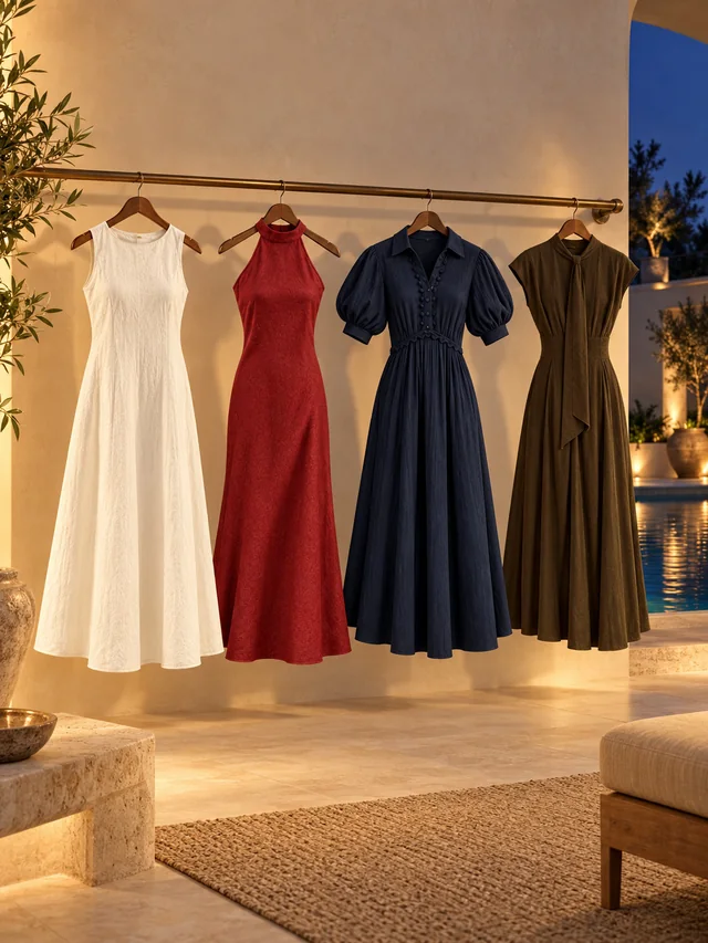 Day to night: Four dress silhouettes. One transition from daylight to dusk.