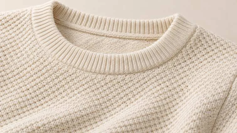 Detail of a cream knit garment and rib construction